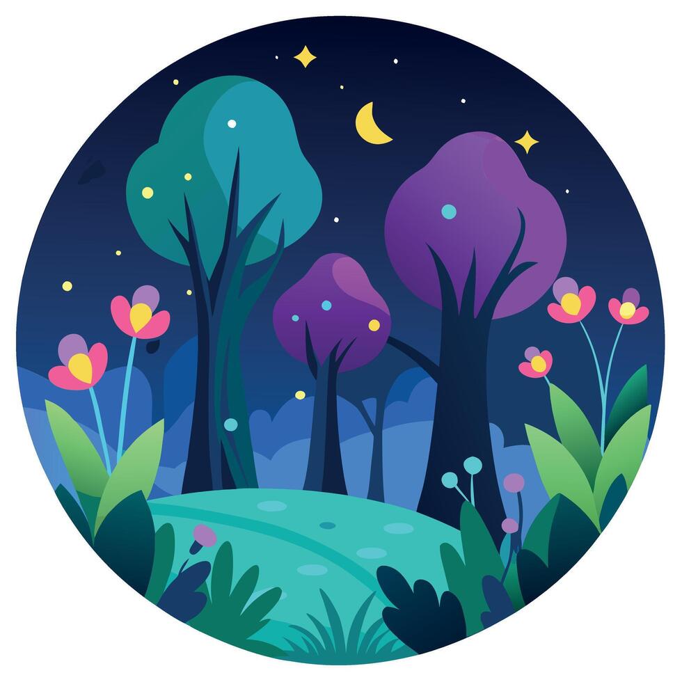 Night forest with trees and flowers illustration vector