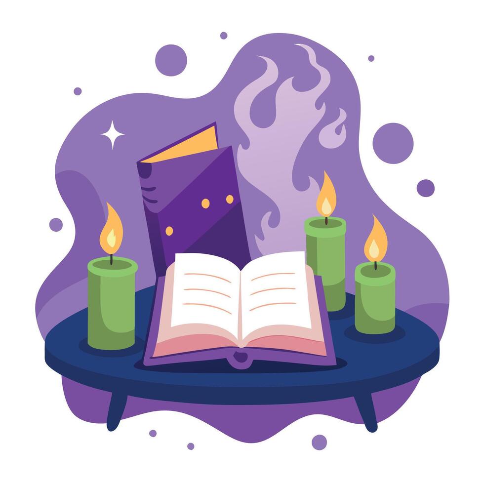 An open book with candles and a book on a table vector