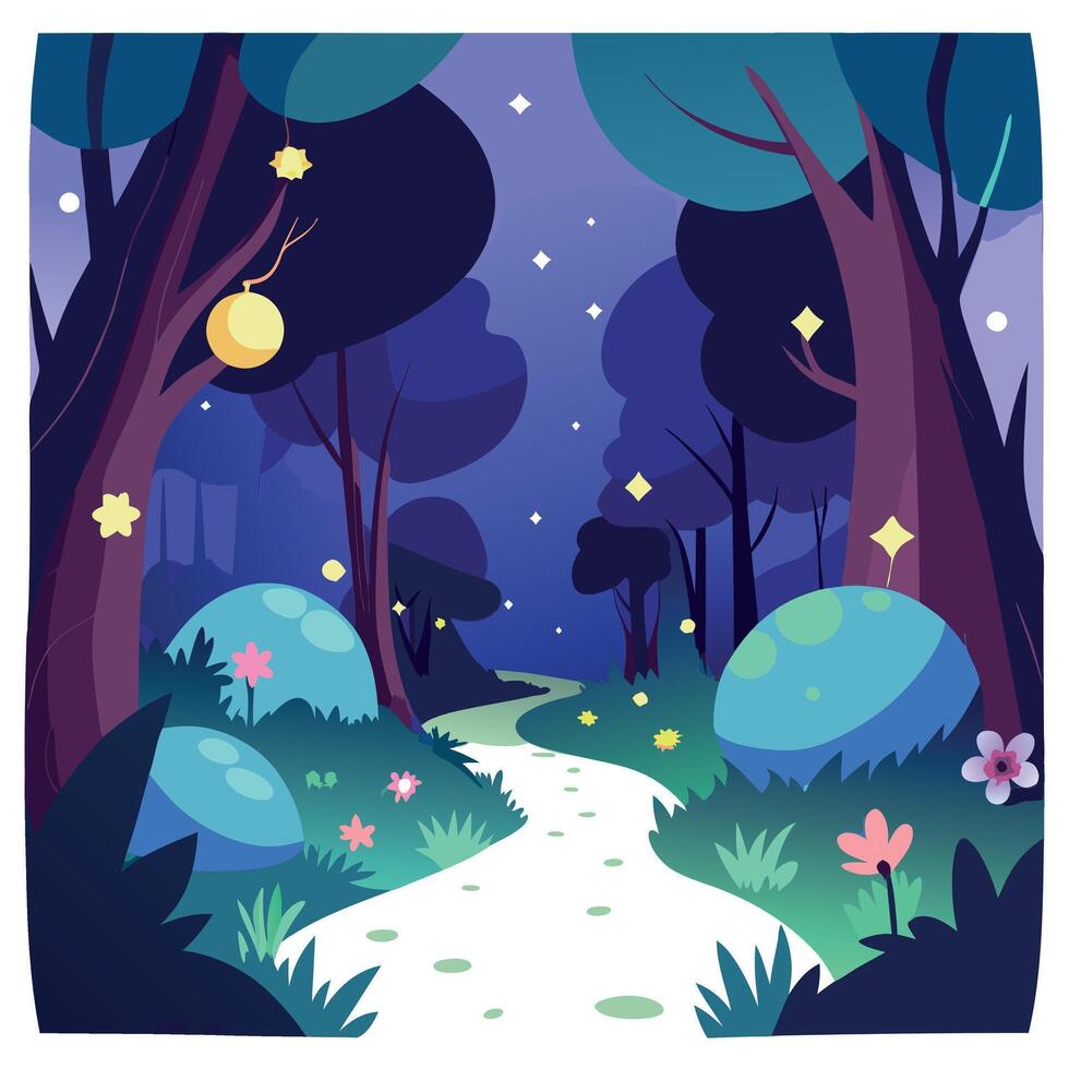 A cartoon illustration of a path through the woods at night vector
