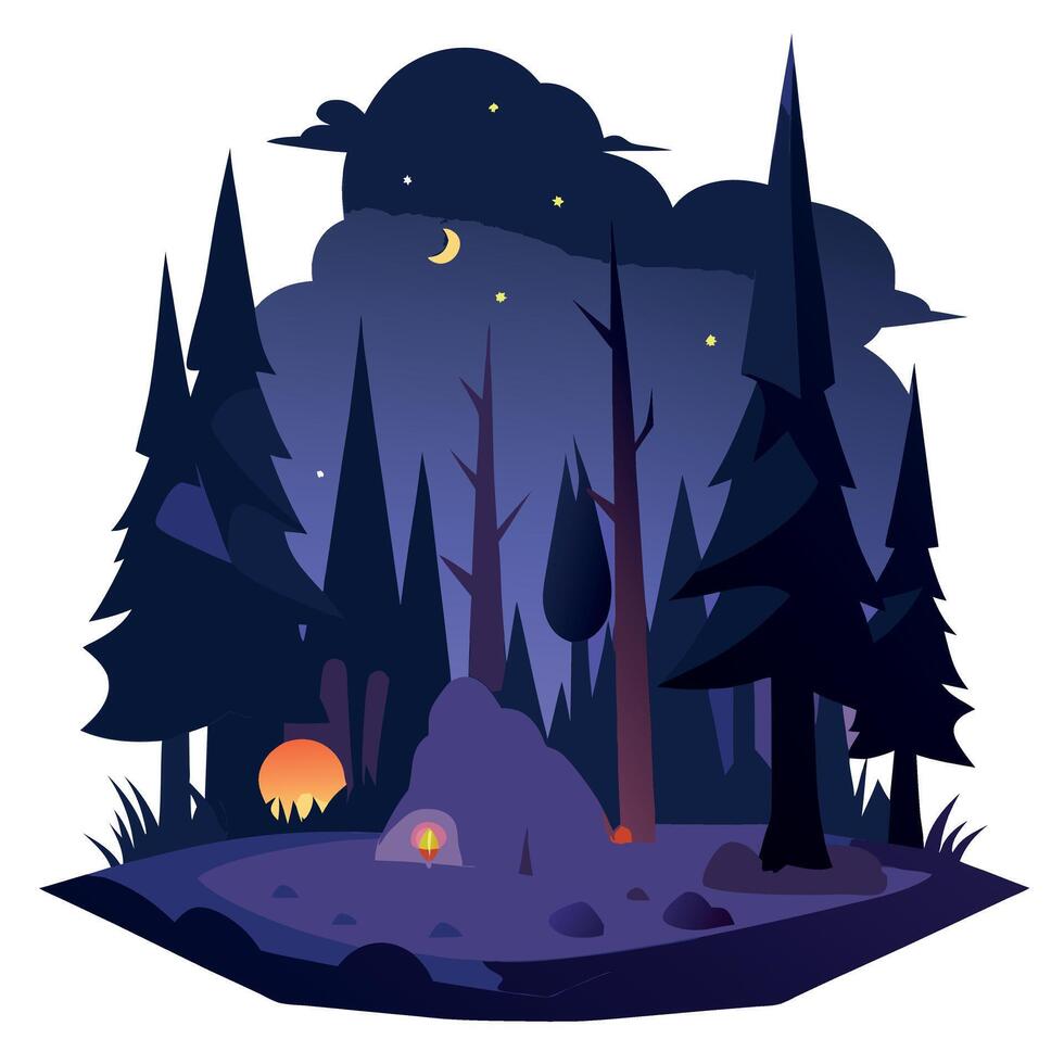 Night forest with campfire and trees vector