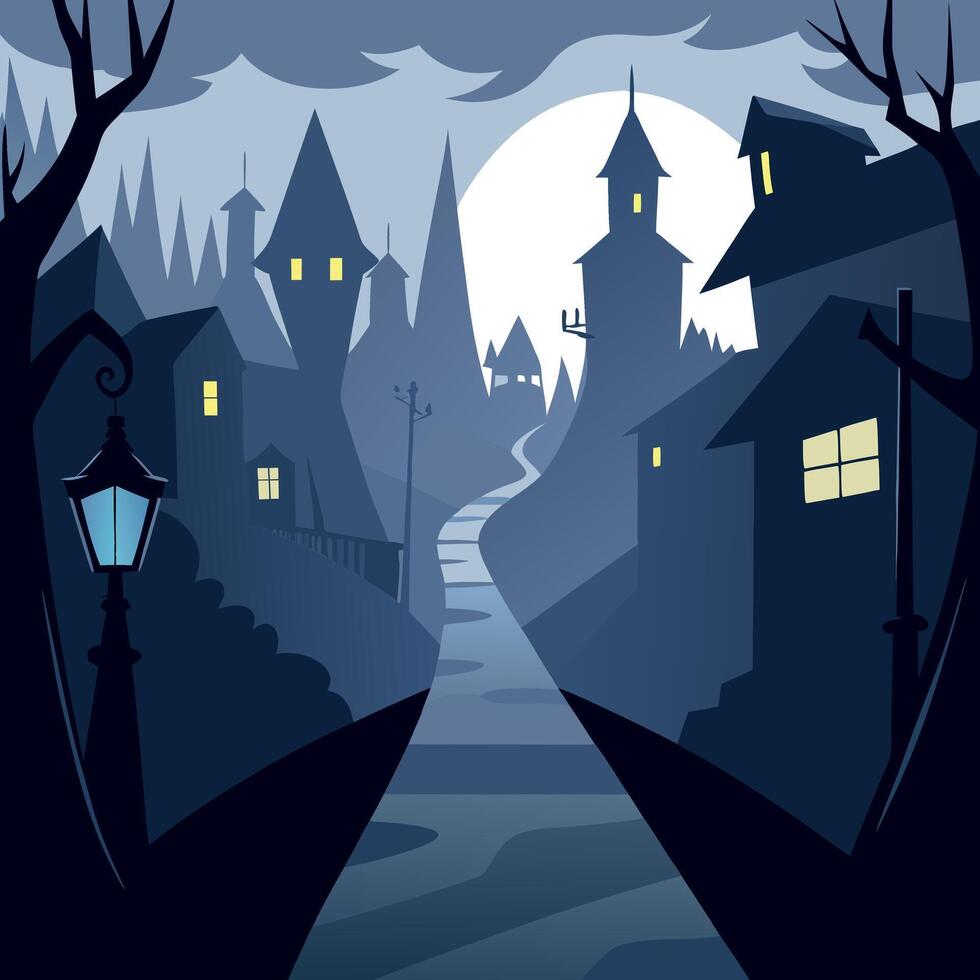 A dark night scene with a path leading to a house vector