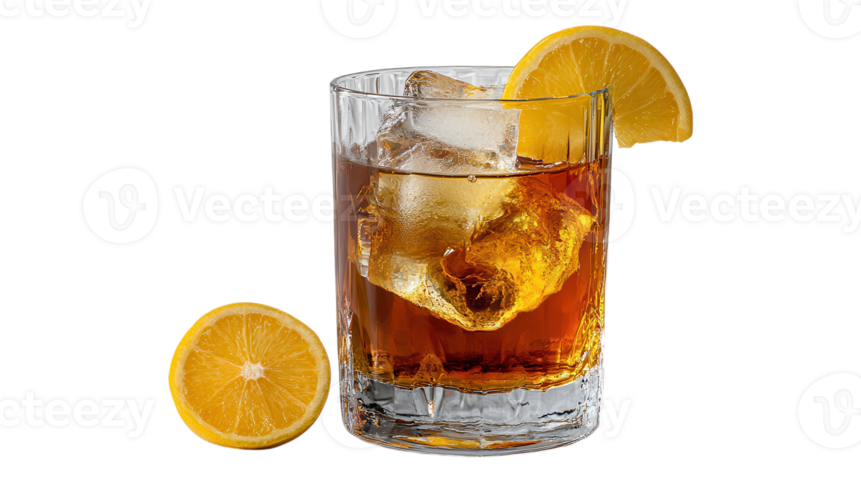 A glass of iced tea with a slice of orange png