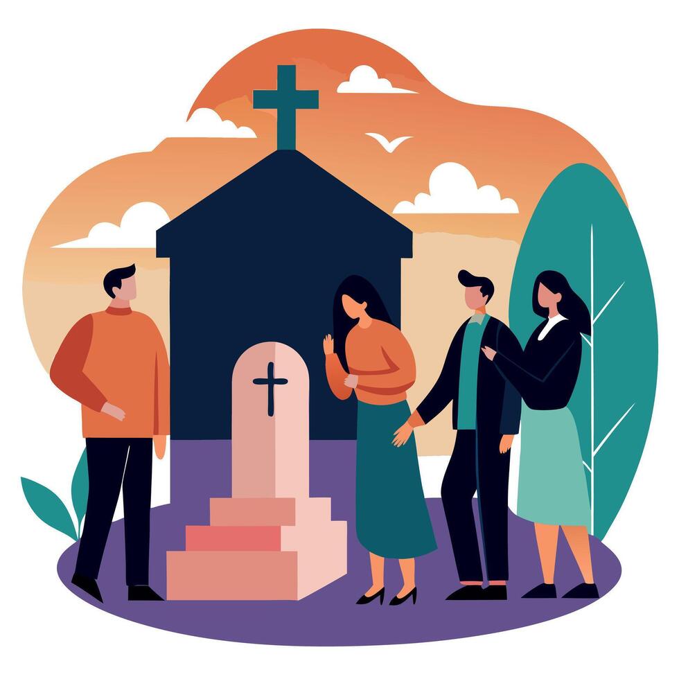 People standing around a grave with a cross on it vector