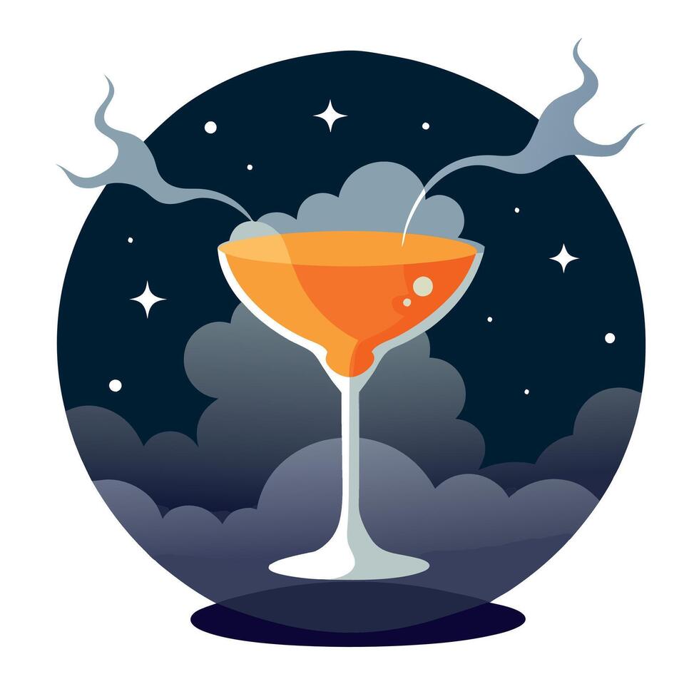 A cocktail with smoke coming out of it on a dark background vector