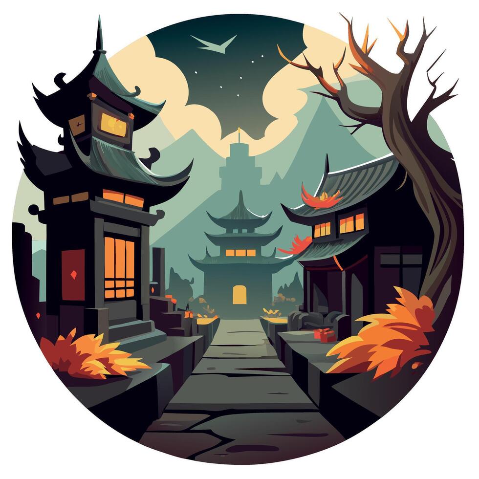An illustration of a chinese village at night vector