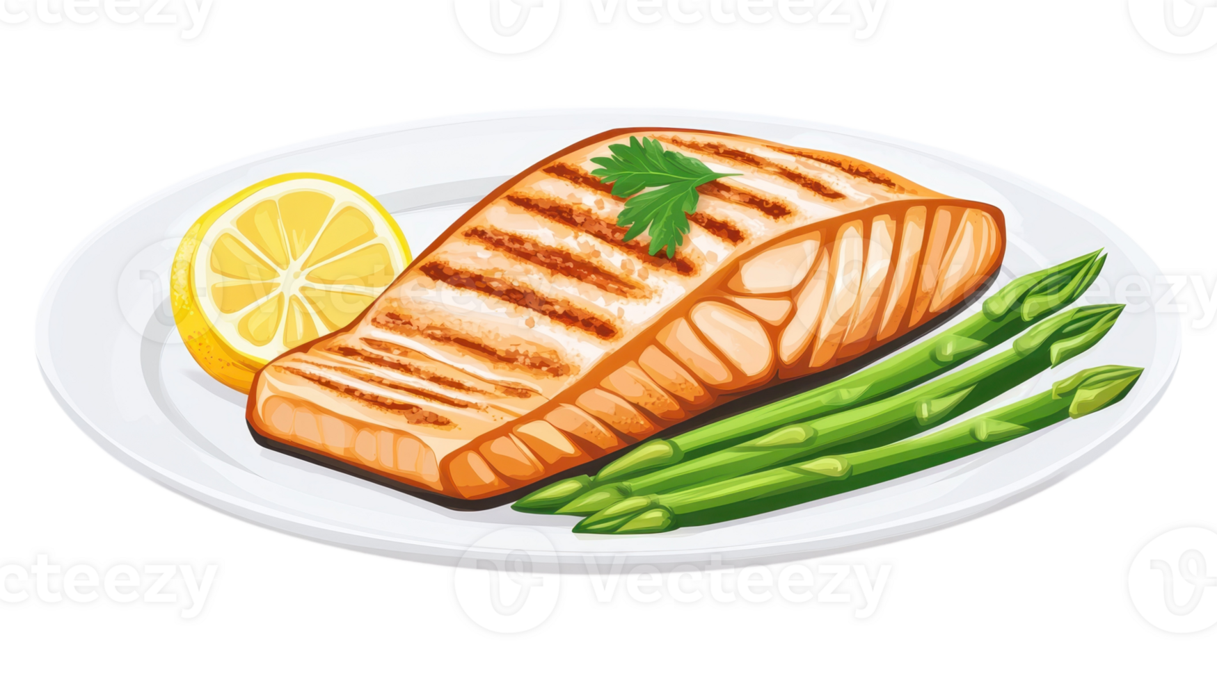 A plate with grilled salmon and asparagus png