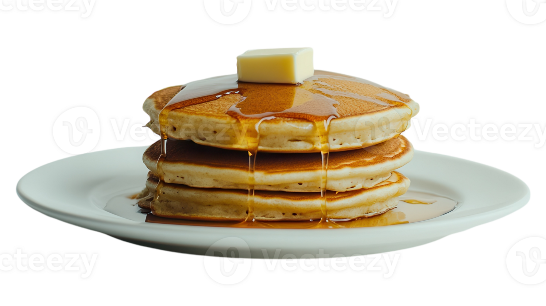 Pancakes with syrup and butter on a white plate png