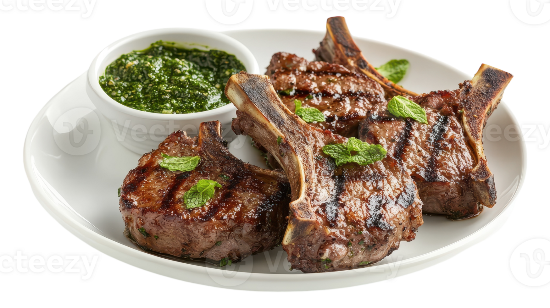 Grilled lamb chops with green sauce on a plate png