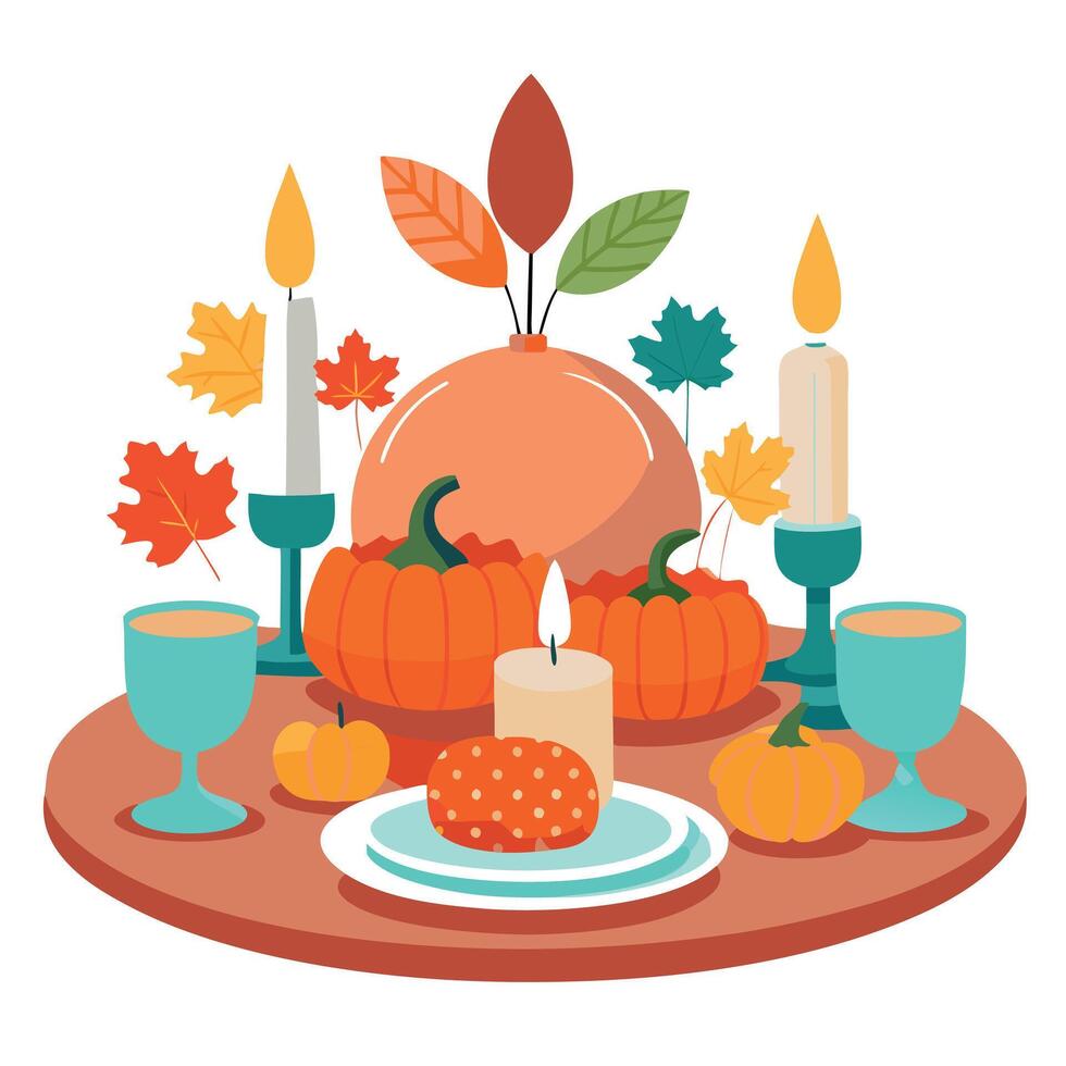 Thanksgiving table with pumpkins and candles vector