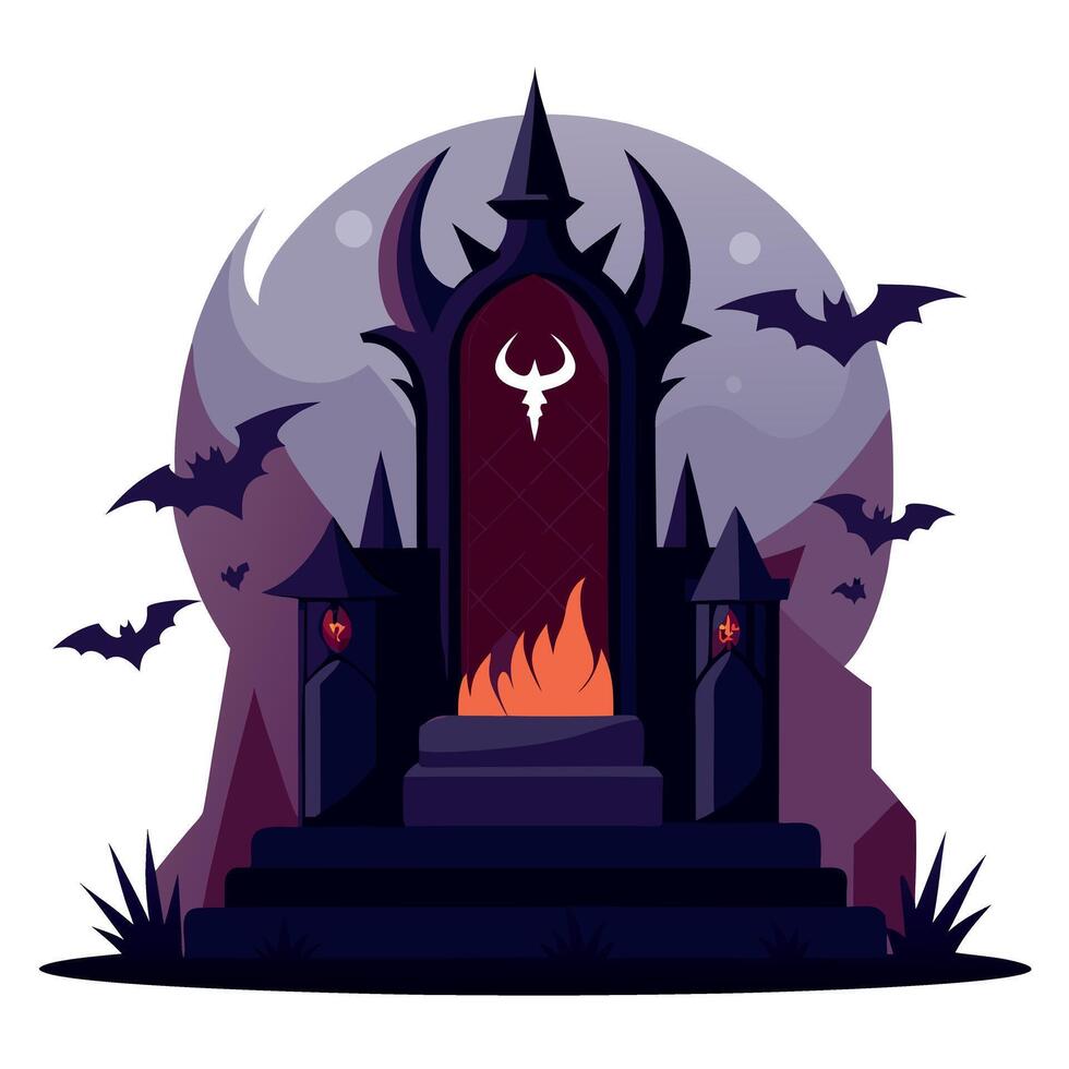 Gothic halloween monument with fire and bats illustration vector