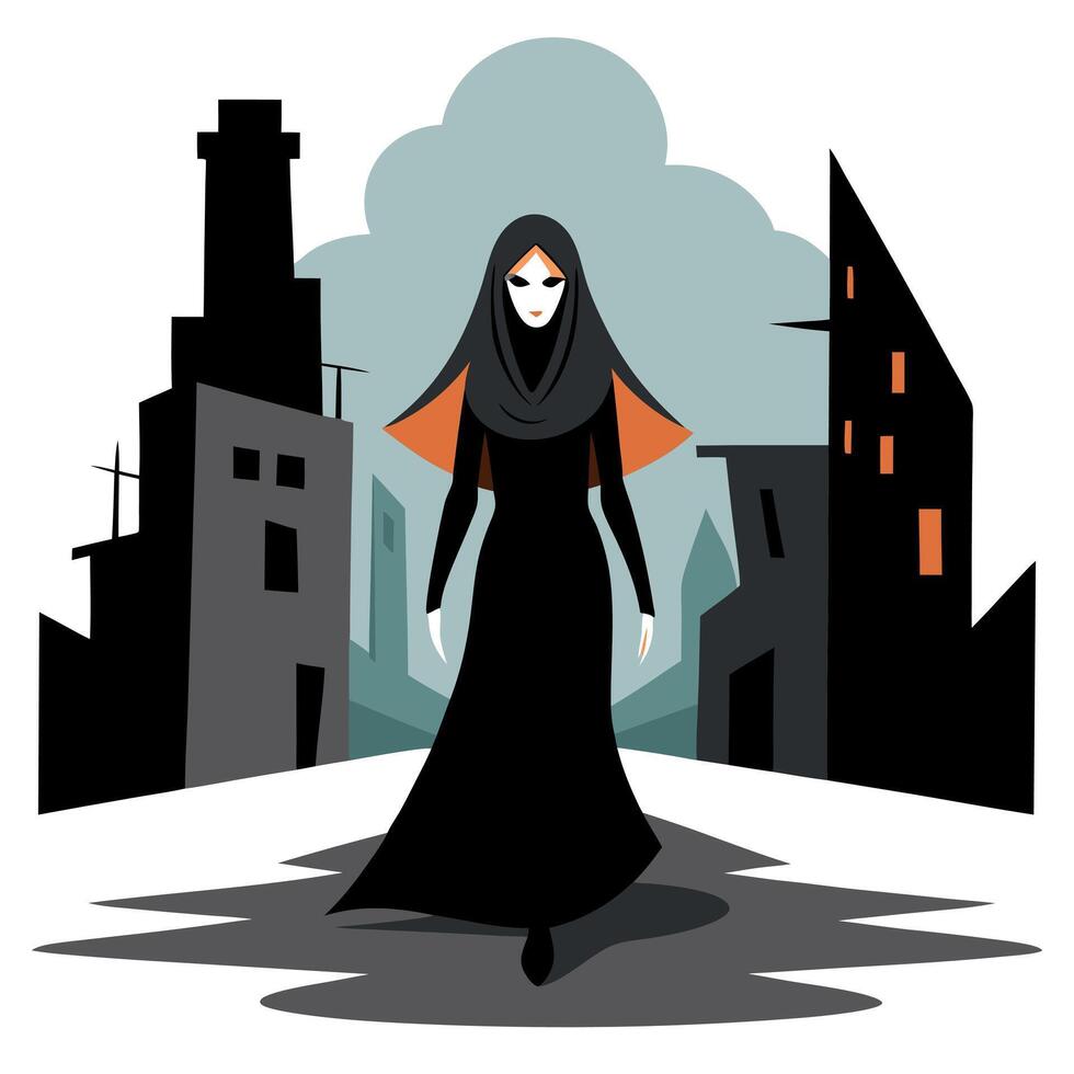A woman in a black dress and hood is walking through the city vector