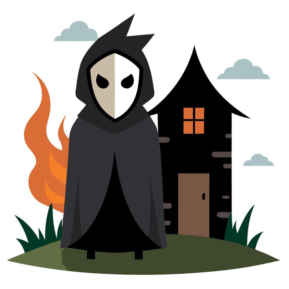 A grim reaper in a hooded cloak standing in front of a house vector