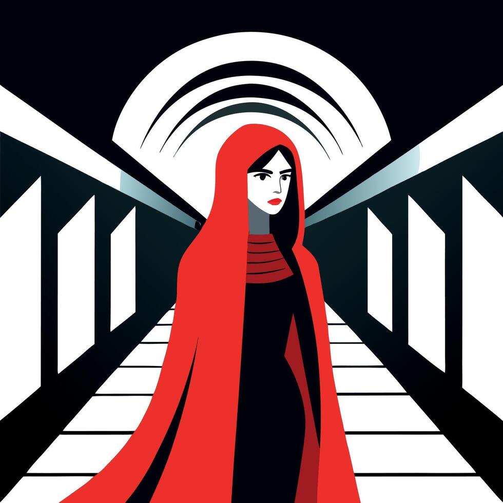 A woman in a red cloak is walking through a tunnel vector