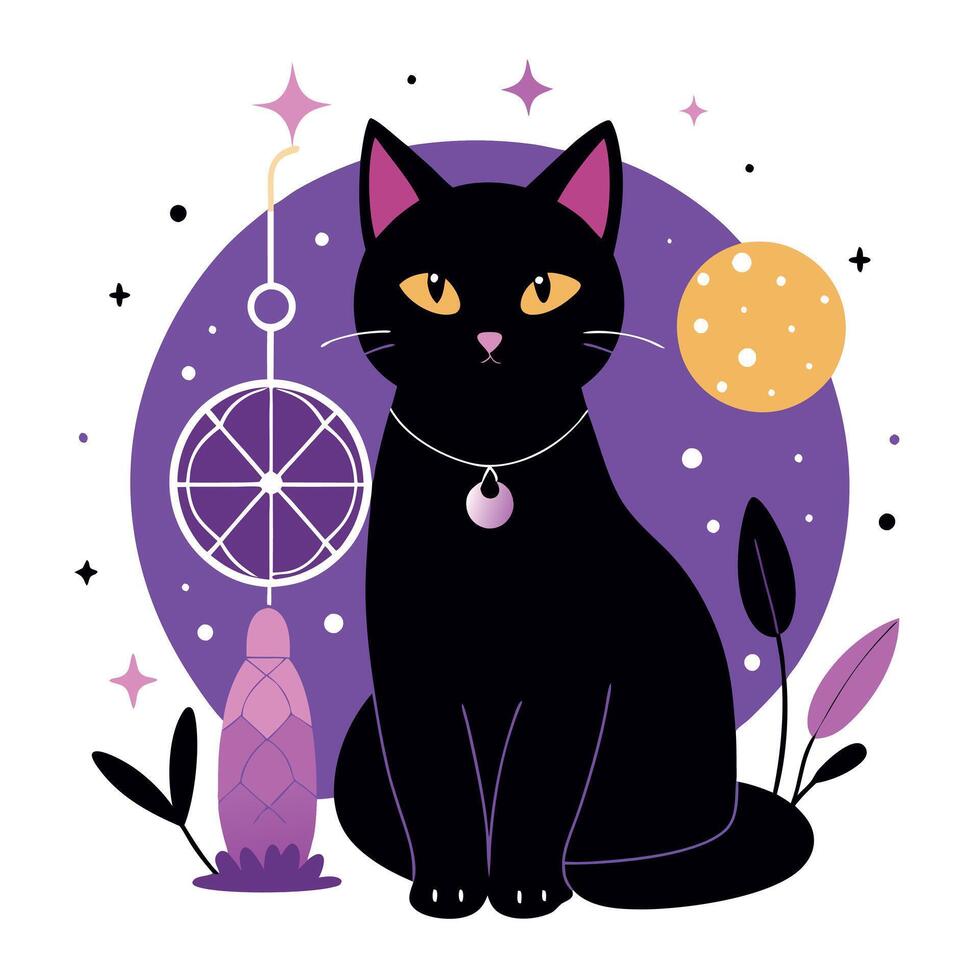 Black cat with a dream catcher and moon in the background vector