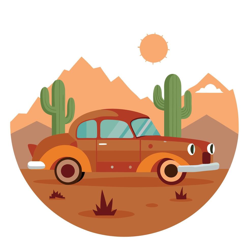 An old car is parked in the desert with cactus vector