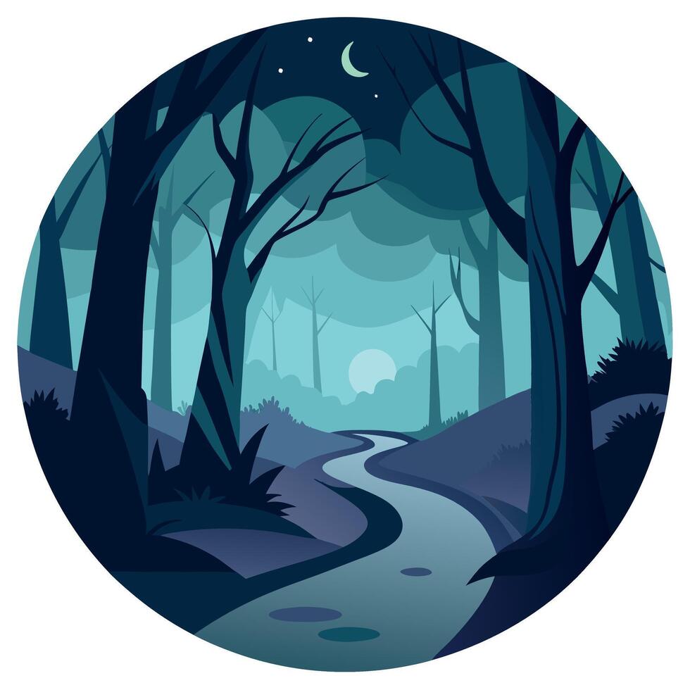 A forest with a path and moon in the background vector