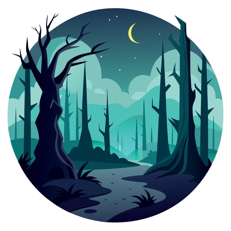 A forest scene with trees and a moon vector