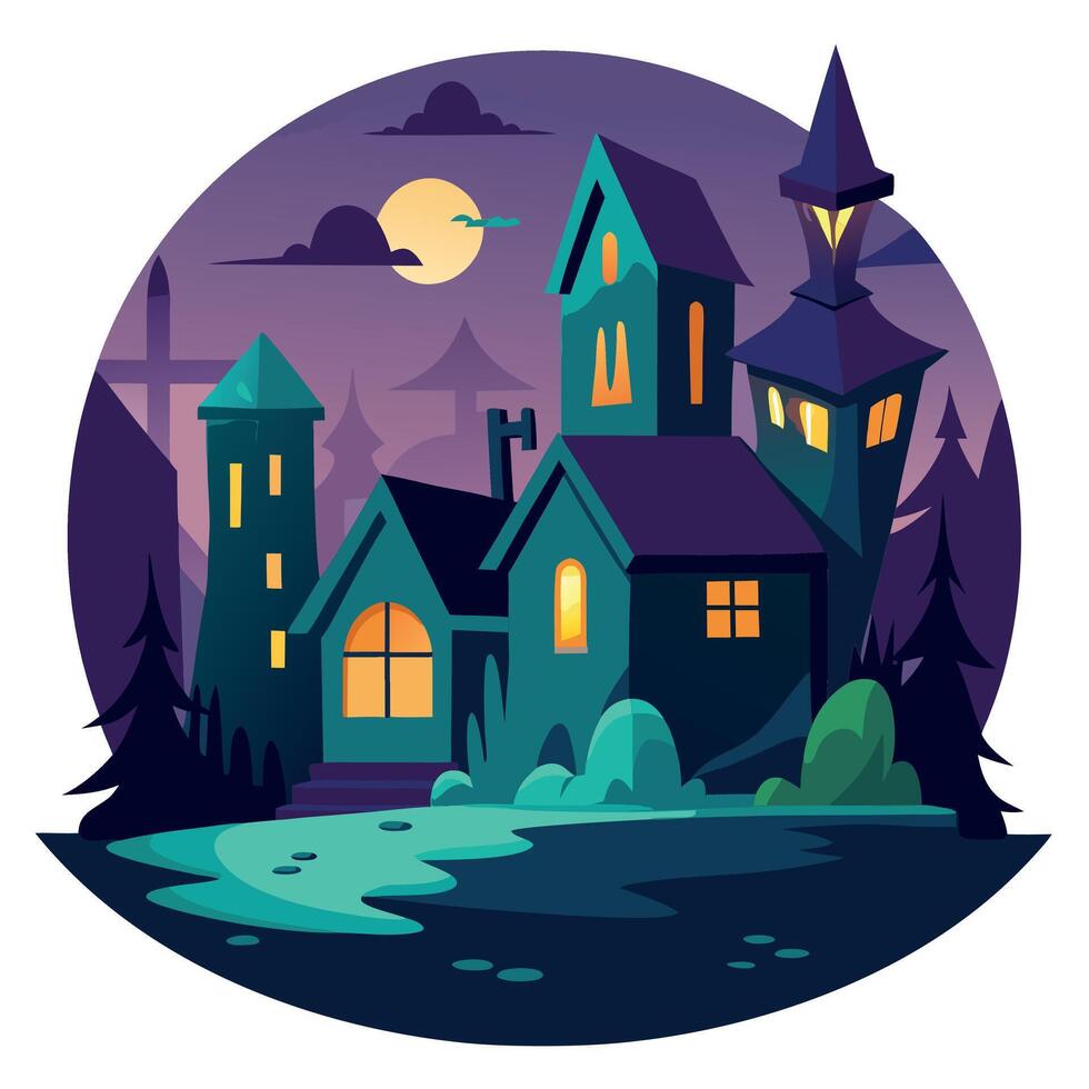 Halloween night scene with a haunted house and a moon vector