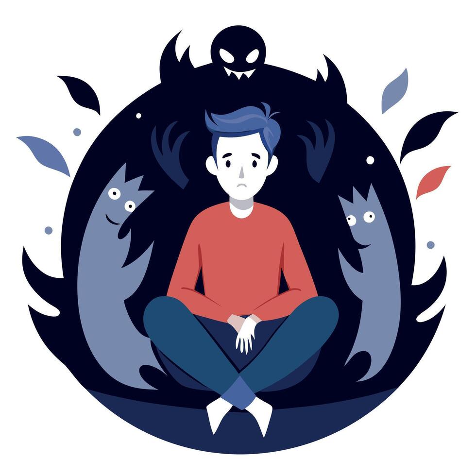 A man sitting in a circle surrounded by monsters vector