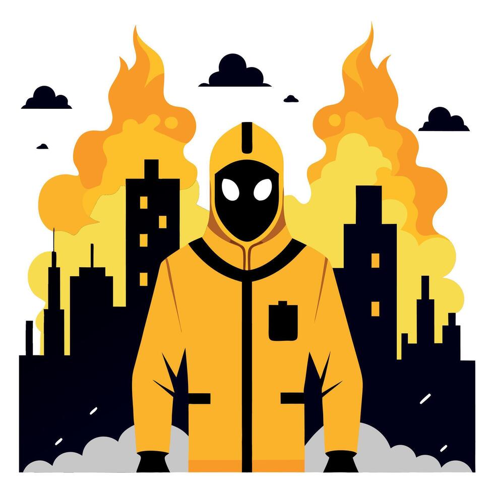 A man in a yellow suit with fire in the background vector