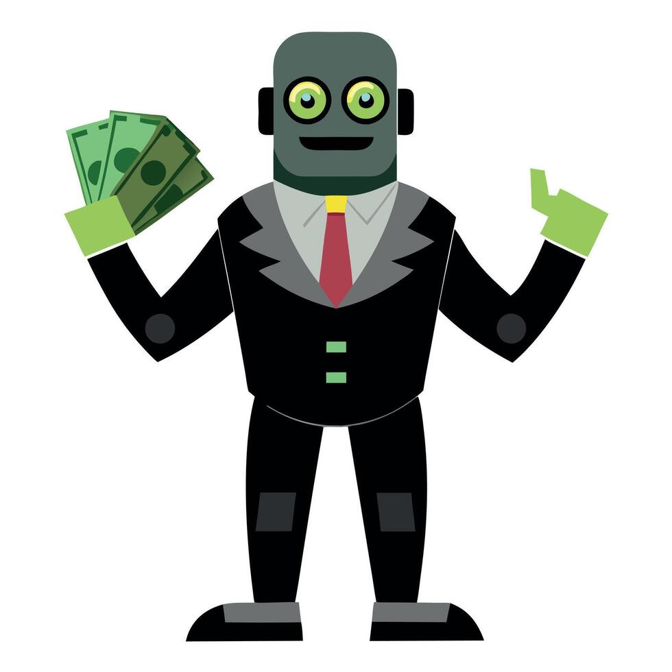 A cartoon robot holding money and a suit vector