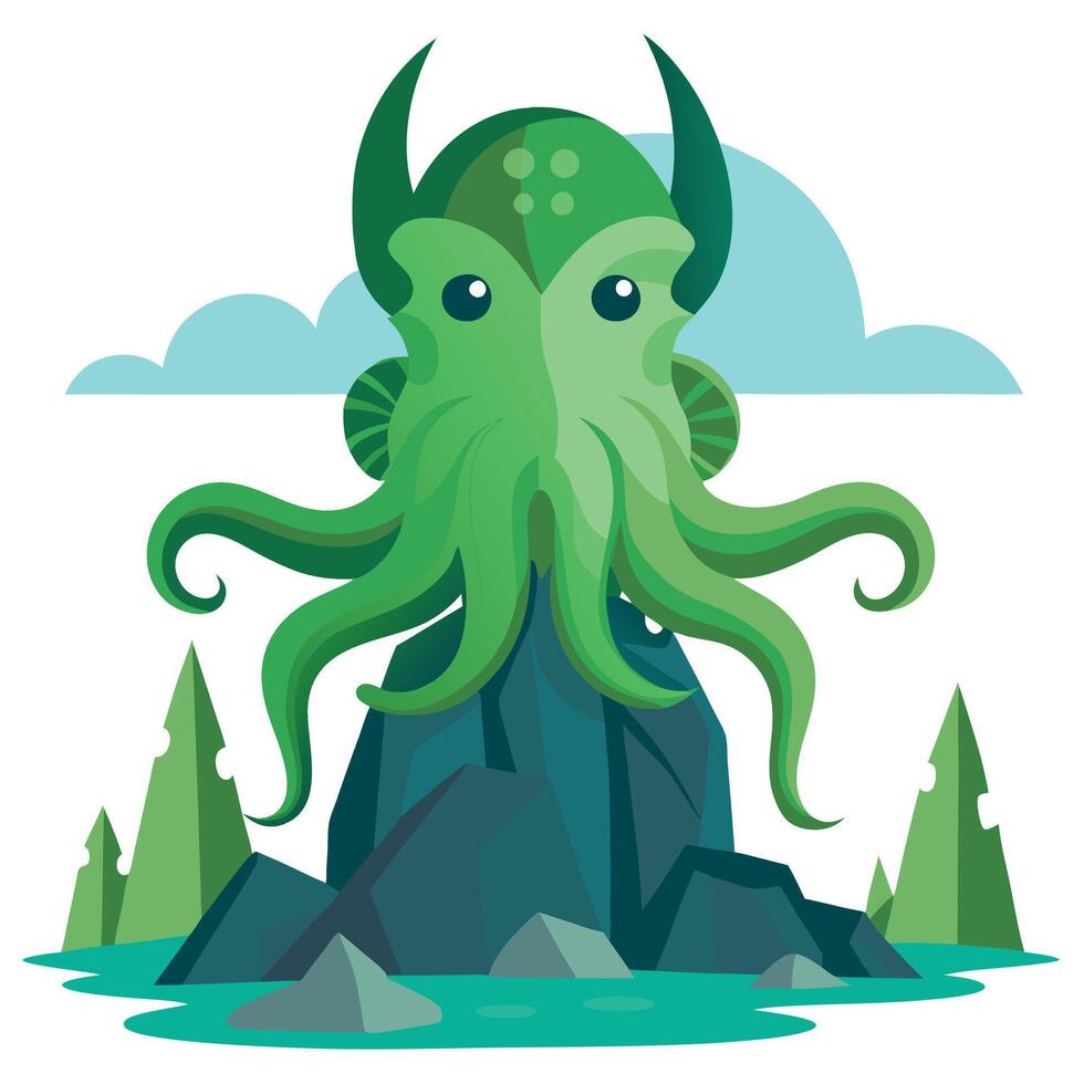 An illustration of an octopus sitting on top of a rock vector