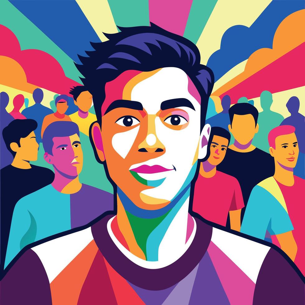 A man with a rainbow background and a crowd of people vector