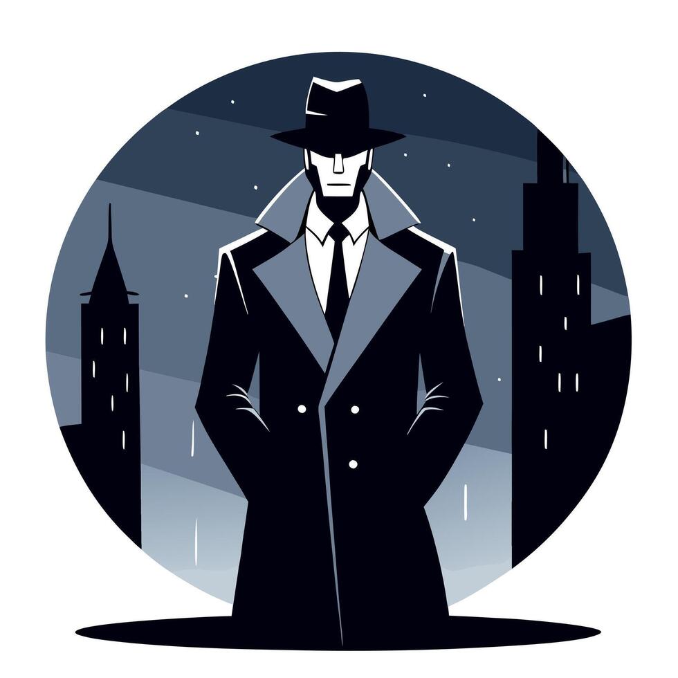 A man in a trench coat and hat stands in front of a city vector