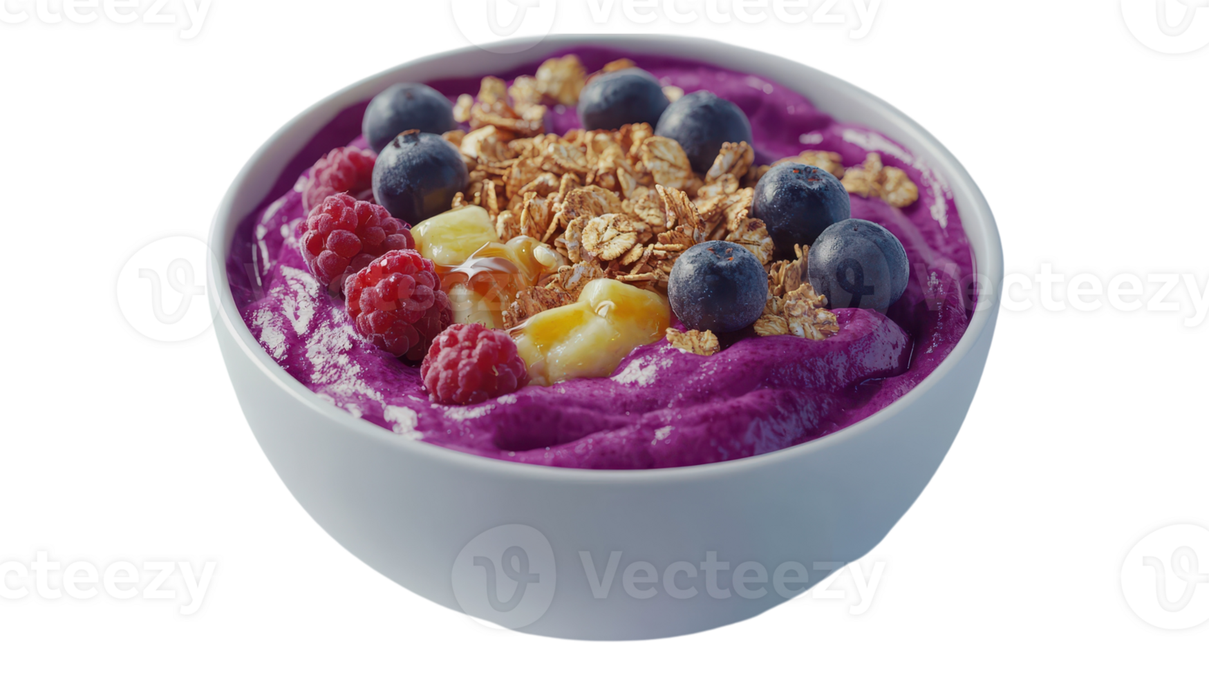 A bowl of purple smoothie with berries and granola png