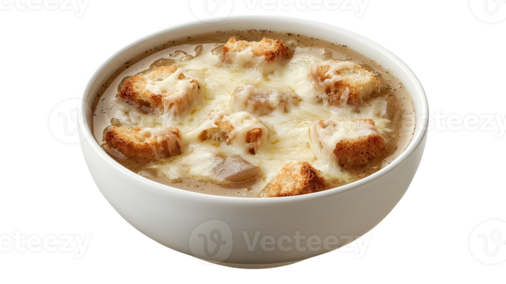 A bowl of soup with bread and cheese png