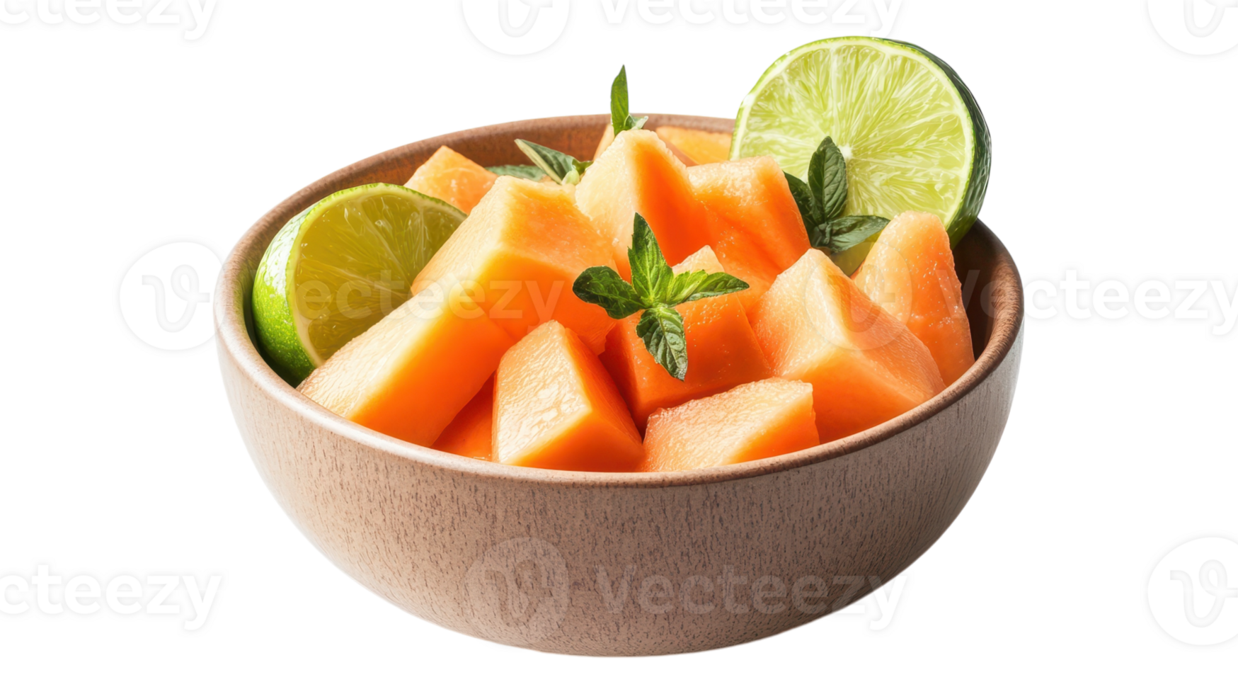A bowl of melon slices with lime and mint png