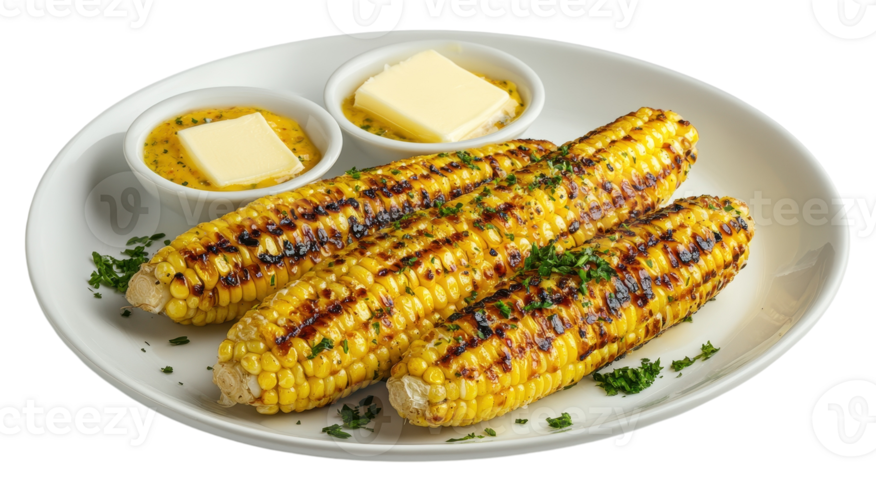 Grilled corn on the cob with butter and parsley png