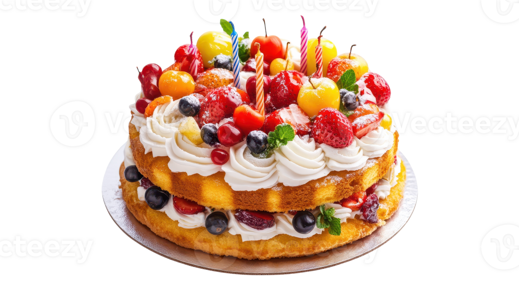 A cake with fruit and candles on it png