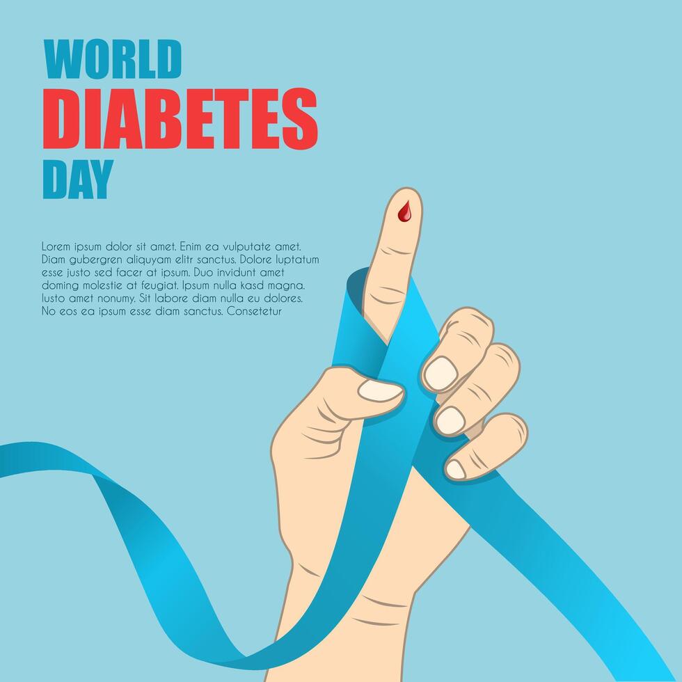 World Diabetes Day poster with light blue ribbon design on fingers vector