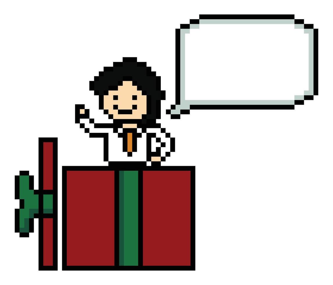 Cartoon cute man boy male with big gift box giftbox pixel art. vector