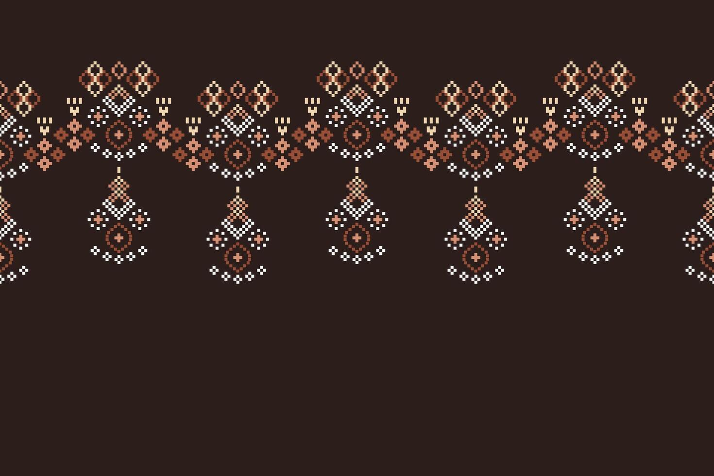 Motif pattern cross stitch fabric pattern with brown color background wallpaper. vector