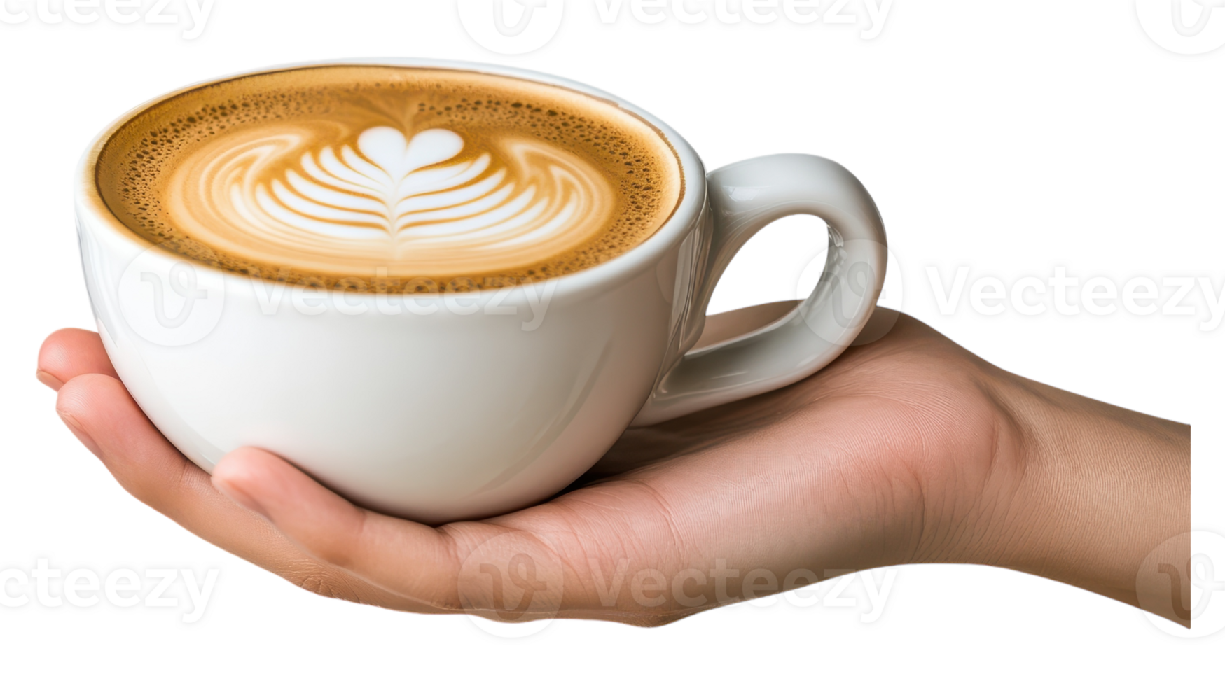 A person holding a cup of coffee with a heart design png