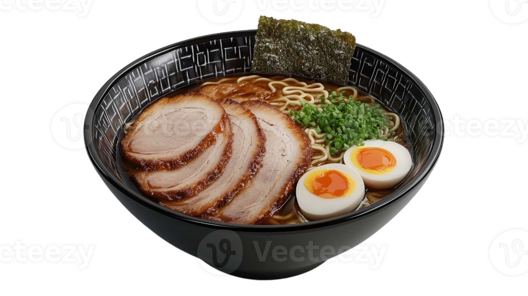 A bowl of ramen with meat and eggs png