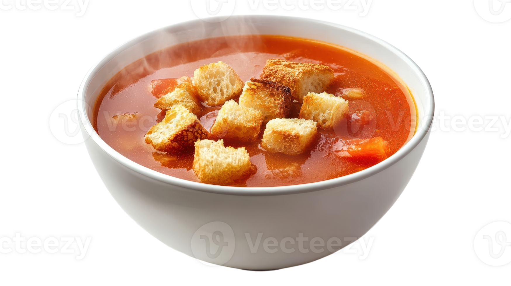 A bowl of soup with bread croutons on top png