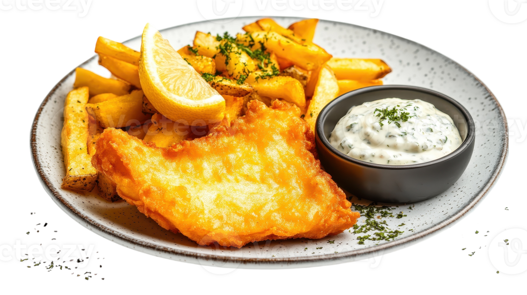 Fish and chips with lemon wedges and dip png