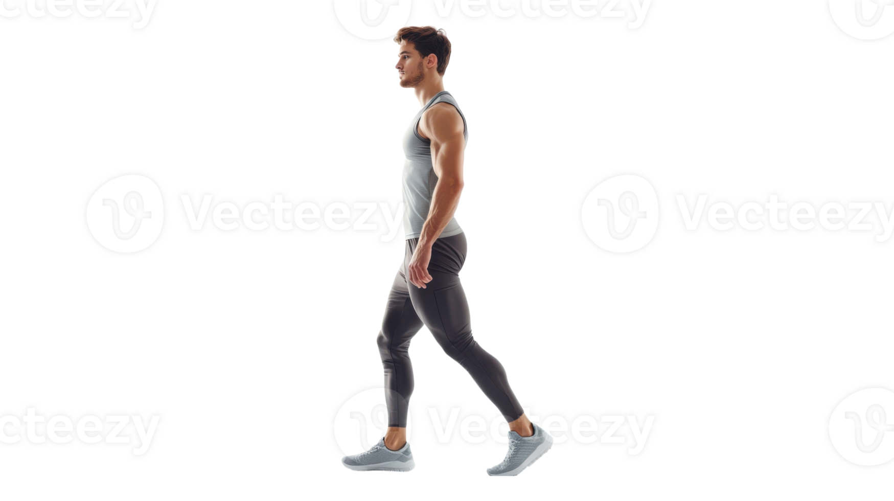 A man in a grey tank top and black running shoes png