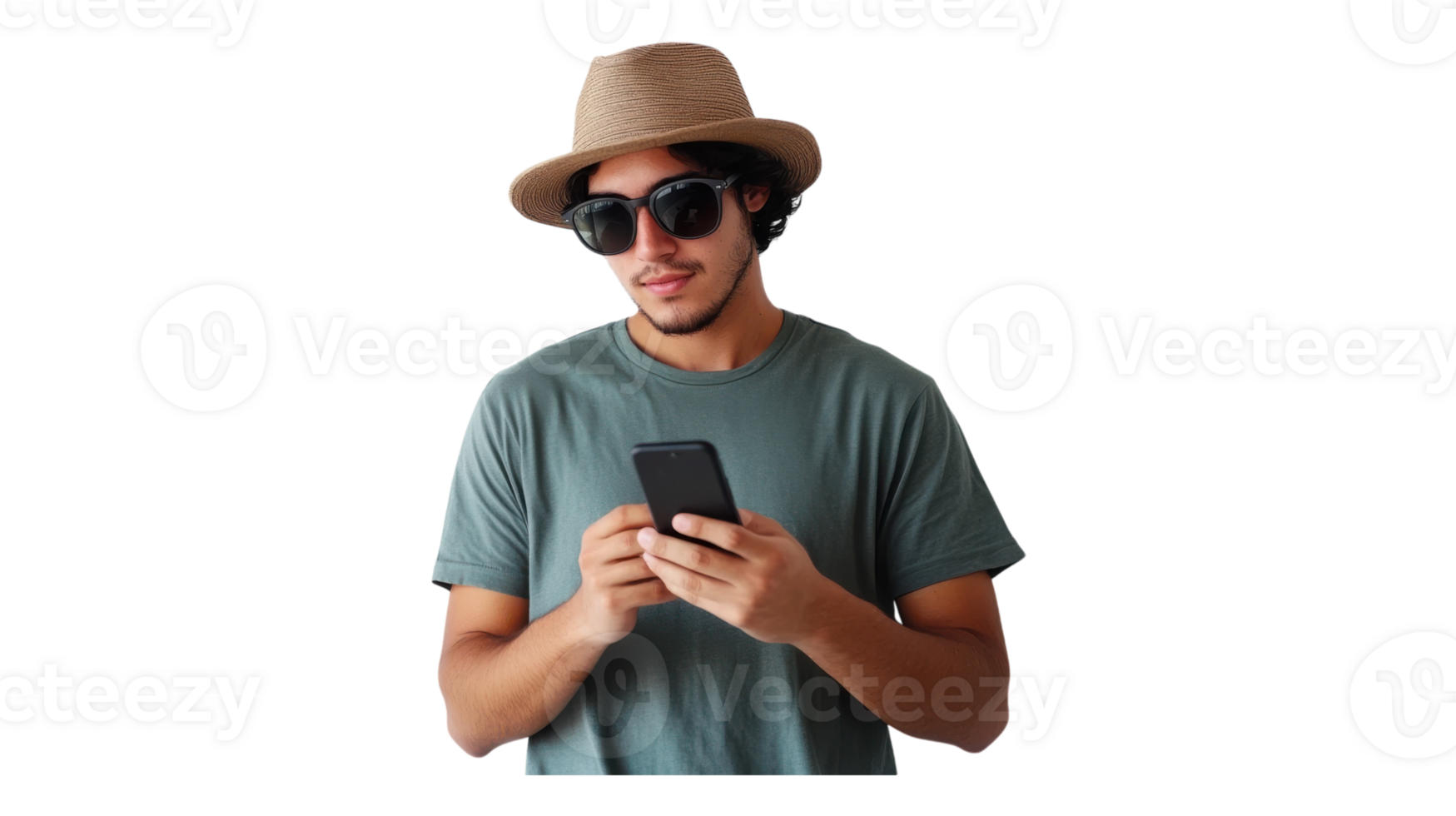 A man wearing a hat and sunglasses is using his phone png