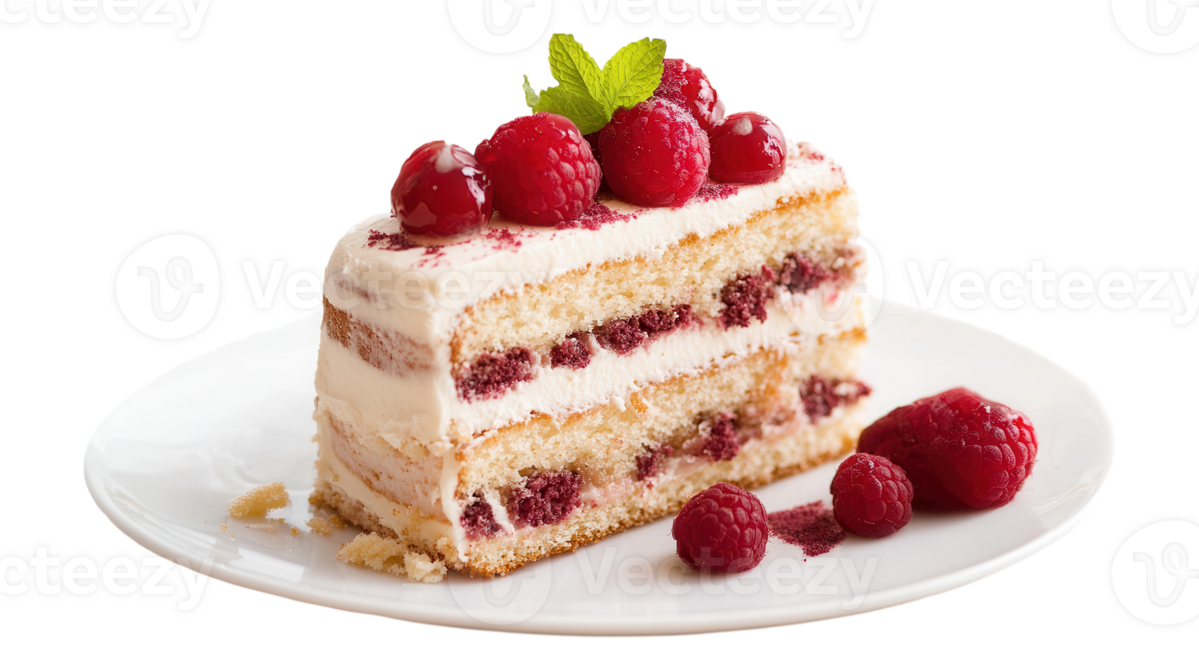 A piece of cake with raspberries on top png