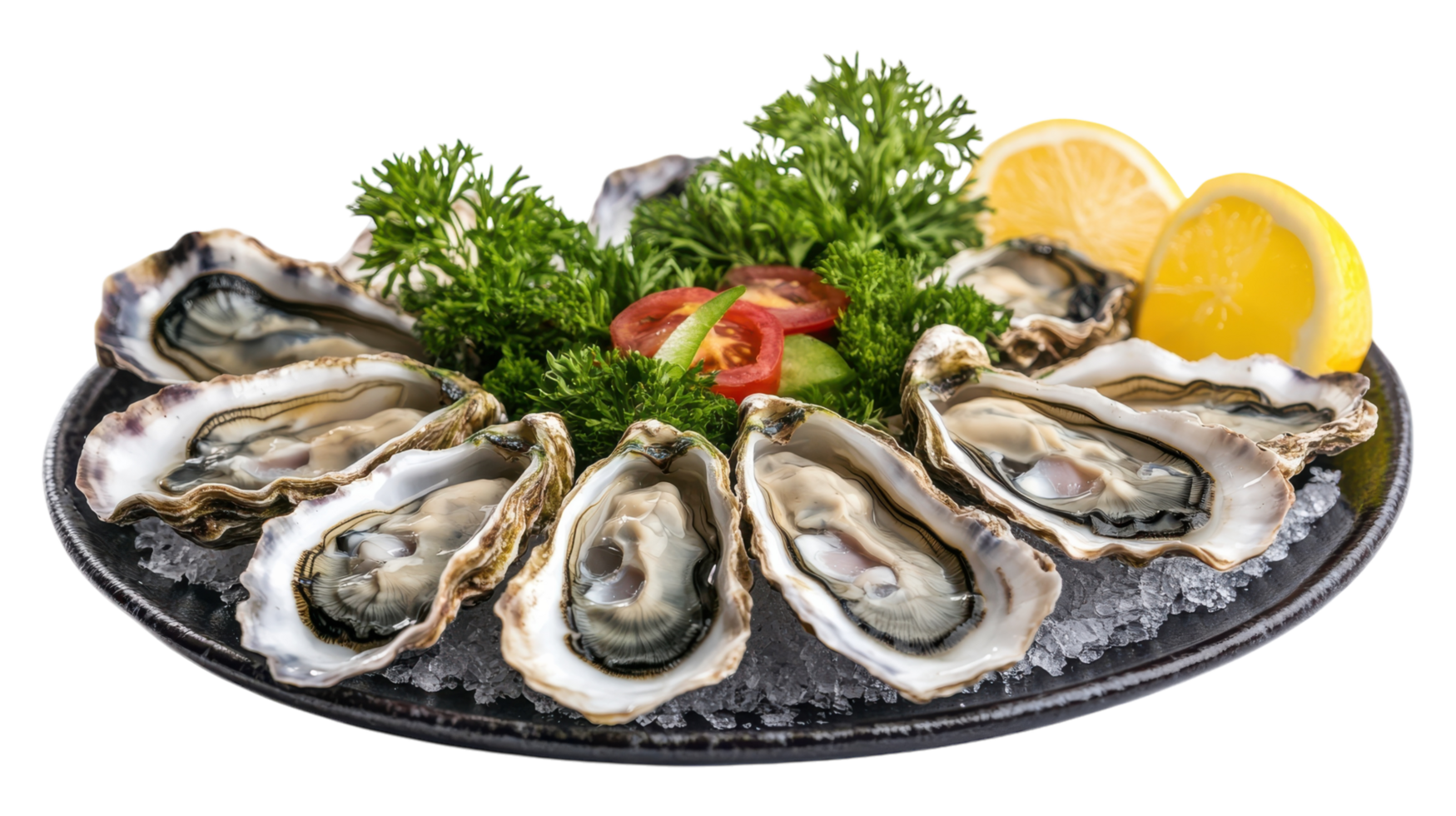 Freshly shucked oysters served on a bed of ice with lemon wedges and garnished with parsley and tomatoes. png