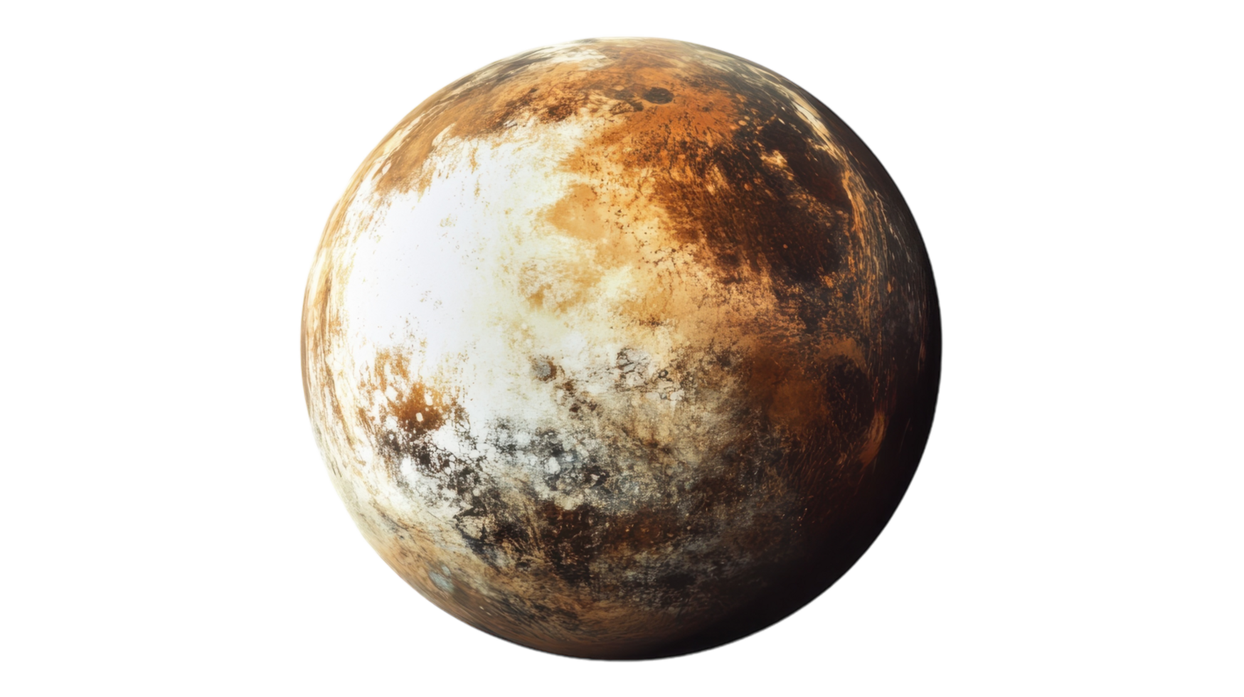 A detailed representation of Pluto showcasing its rocky surface and ice-covered regions in a clear, vibrant manner against a translucent background. png