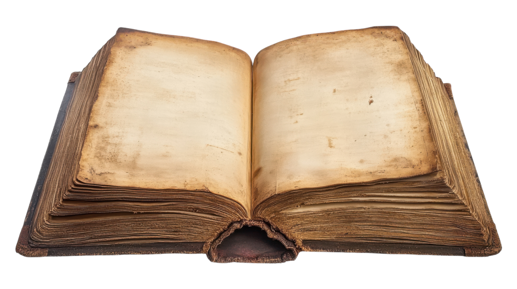 An antique open book with worn pages resting on a surface, showcasing its aged textures and historical charm. png