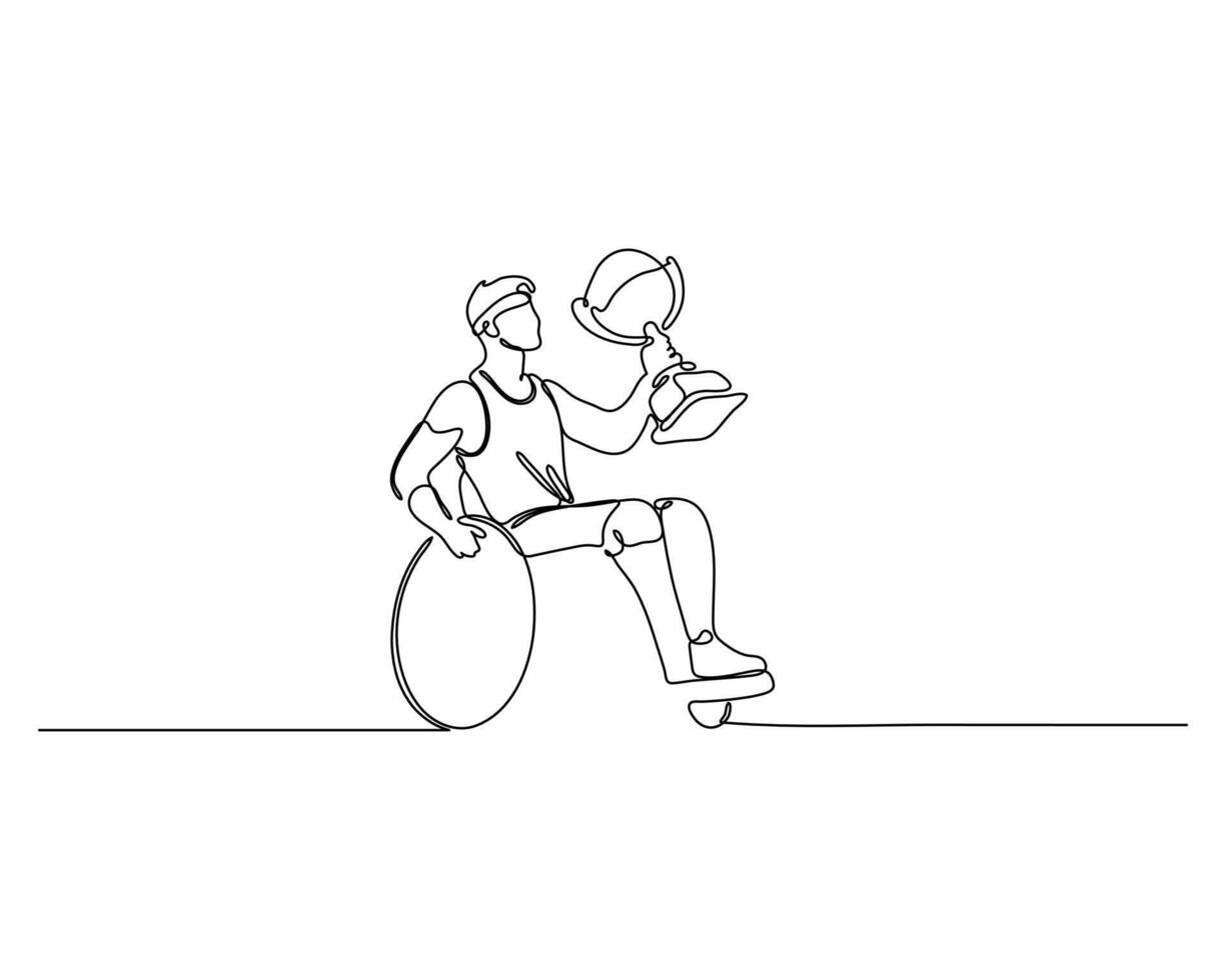 continuous line drawing of a disabled athlete on a wheelchair holding a cup. winning in sport competition concept illustration vector
