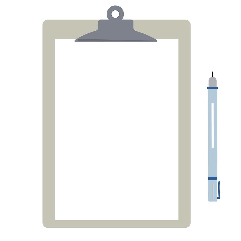 Paper pad holder with pen. Blank white sheet of paper in a clipboard. Flat illustration. vector