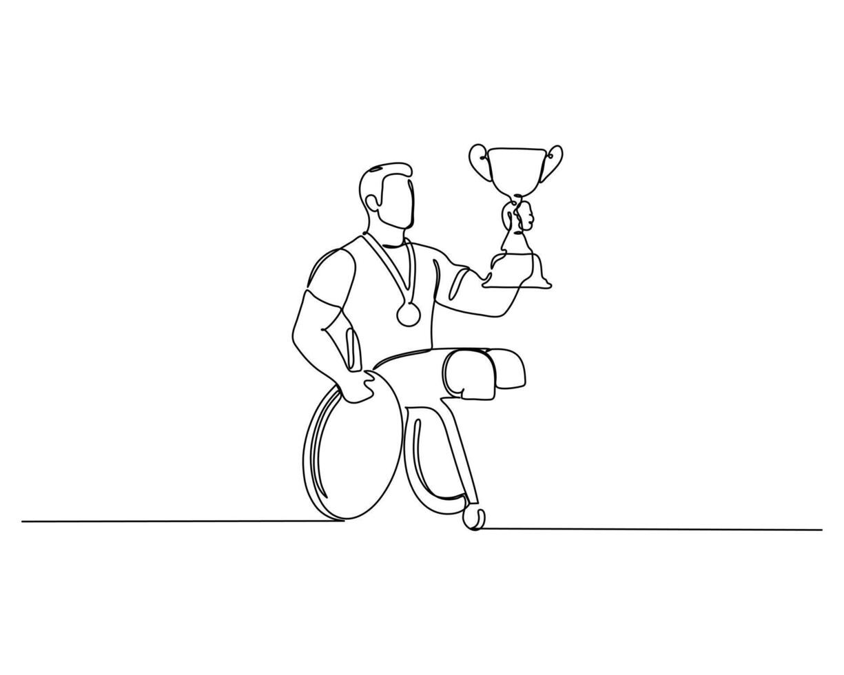 Continuous line drawing of a person in a wheelchair holding a trophy and wearing a medal. The minimalistic style highlights achievement, perseverance, and inclusivity in sports competitions vector