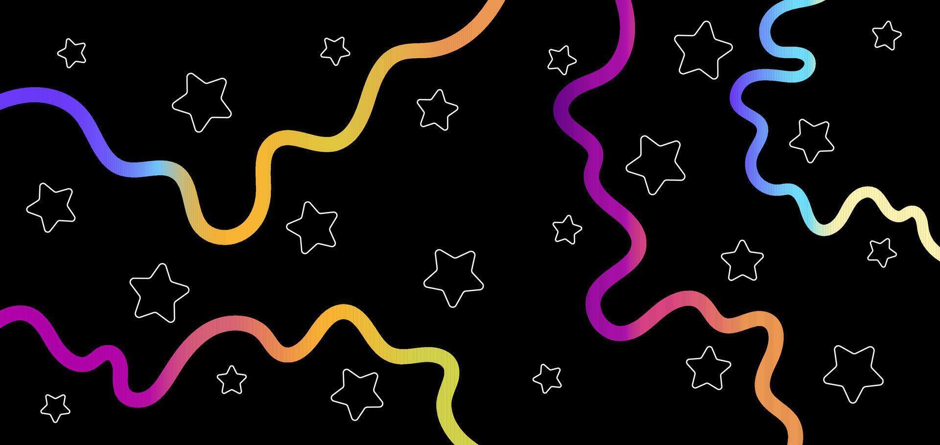 Color gradient lines and white contour stars on black horizontal background. Abstract backdrop with curved colorful wavy shapes. vector